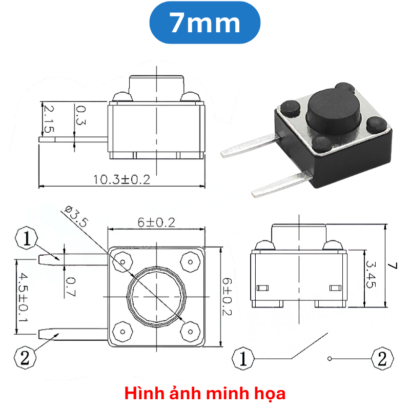(50 Cái) Nút nhấn 6x6mm 2 chân cắm nằm ngang cao 4.3 - 8mm