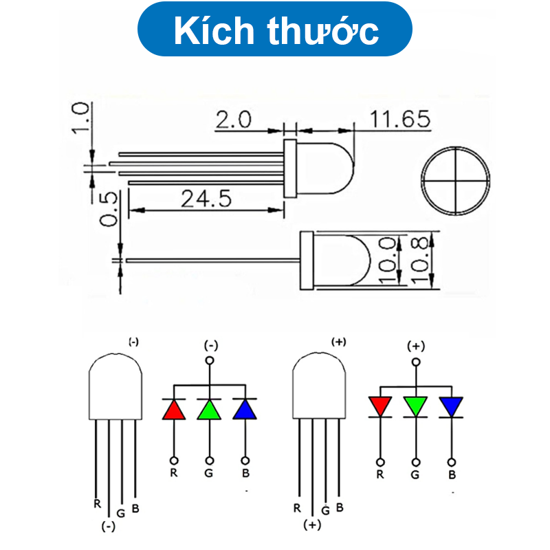 (2 Con) LED RGB 10mm đục âm chung / dương chung