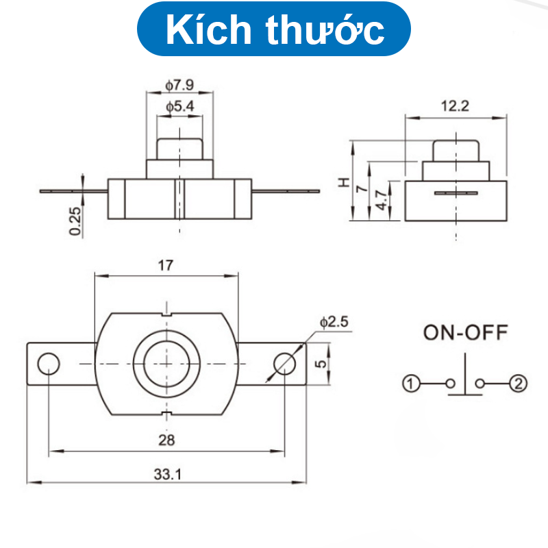 Nút nhấn giữ (on/off) 1217KD 12x17mm 2 chân