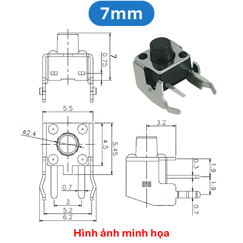 (50 Cái) Nút nhấn 6x6mm 2 chân cắm chỉnh ngang cao 4.3 - 15mm