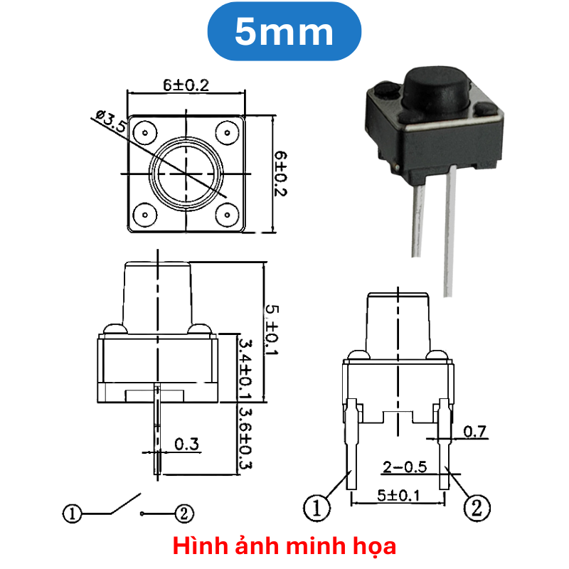 (50 Cái) Nút nhấn 6x6mm 2 chân cắm đứng cao 4.3 - 9mm
