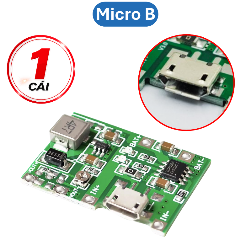 Mạch sạc pin 1S 18650 J5019 dùng IC TC4056 tích hợp mạch tăng áp 2A từ 5V lên 18V