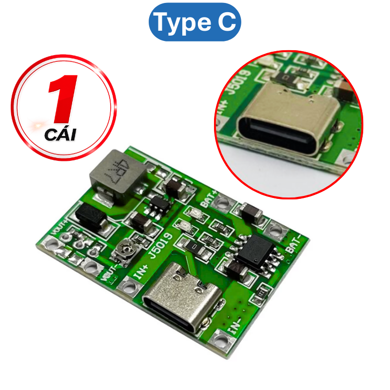 Mạch sạc pin 1S 18650 J5019 dùng IC TC4056 tích hợp mạch tăng áp 2A từ 5V lên 18V