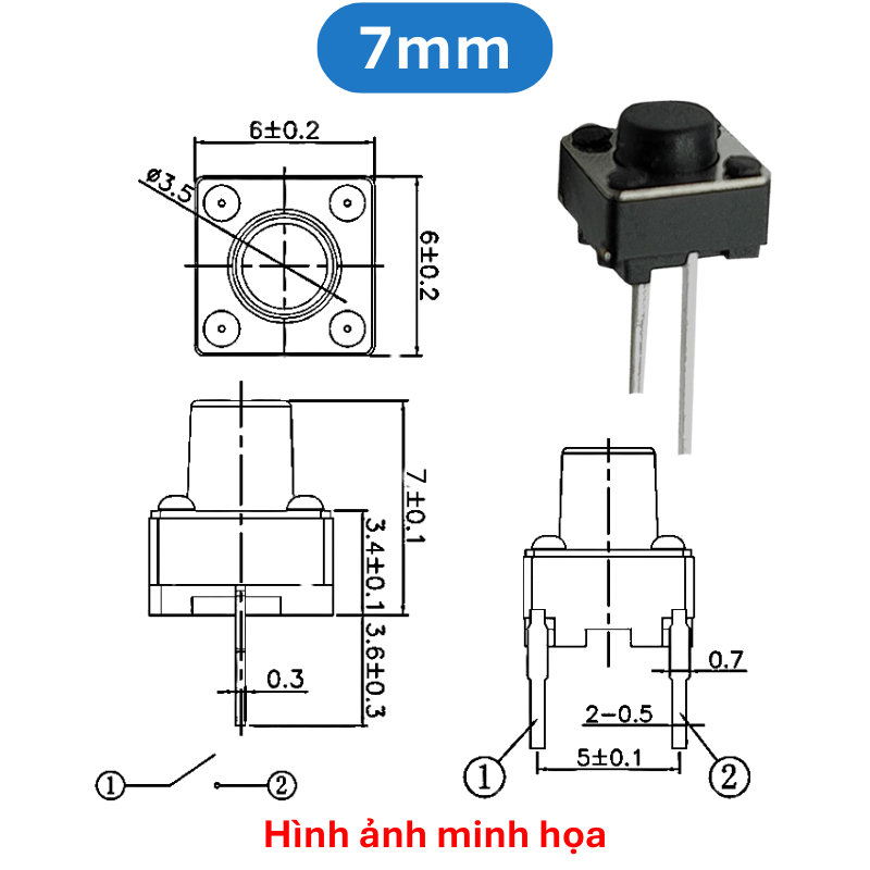 (50 Cái) Nút nhấn 6x6mm 2 chân cắm đứng cao 4.3 - 9mm