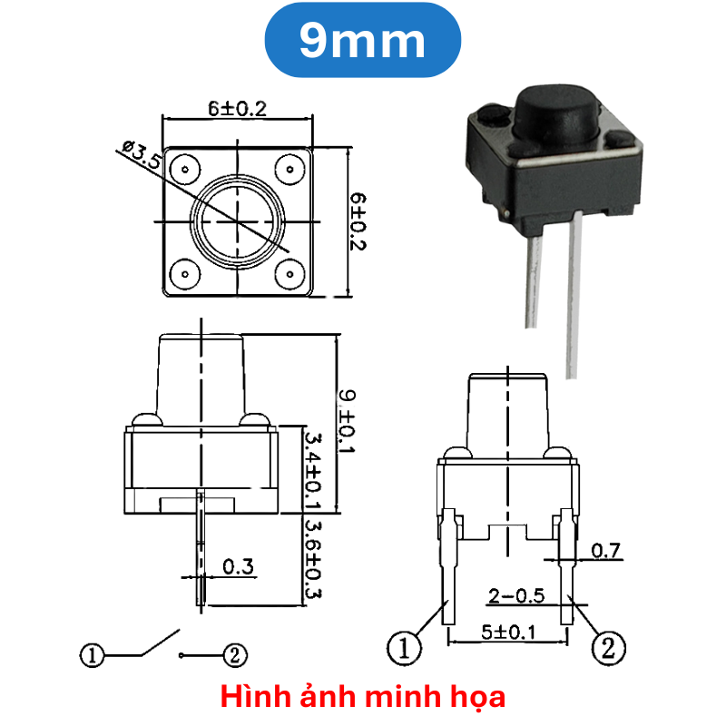 (50 Cái) Nút nhấn 6x6mm 2 chân cắm đứng cao 4.3 - 9mm