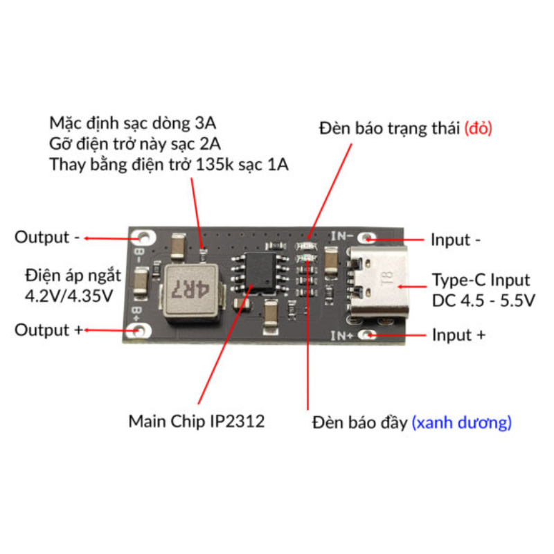 Mạch sạc pin lithium IP2312 cổng sạc type C có thể điều chỉnh điện áp 4.2V / 4.35V dòng sạc 3A