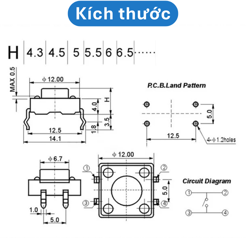 (20 Cái) Nút nhấn 12x12mm 4 chân cắm đứng cao 4.3 - 20mm