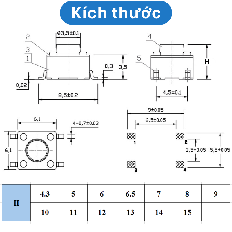 (20 Cái) Nút nhấn 6x6mm 4 chân dán SMD cao 4.3 - 15mm
