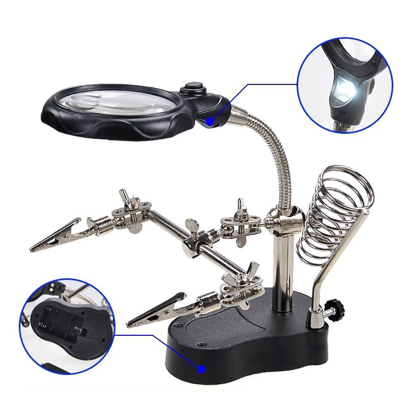 Kính lúp kẹp soi hàn mạch điện tử có đèn LED và gác mỏ hàn