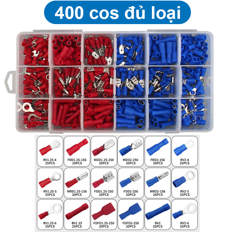 Hộp đầu cos đủ loại, cos ghim, nhét, Y, tròn, nối T, xoắn tiện dụng