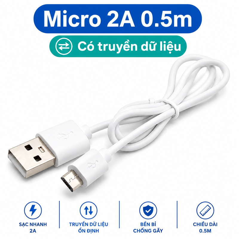 Dây cáp sạc truyền dữ liệu dòng 2A cổng type C / Micro B giá rẻ