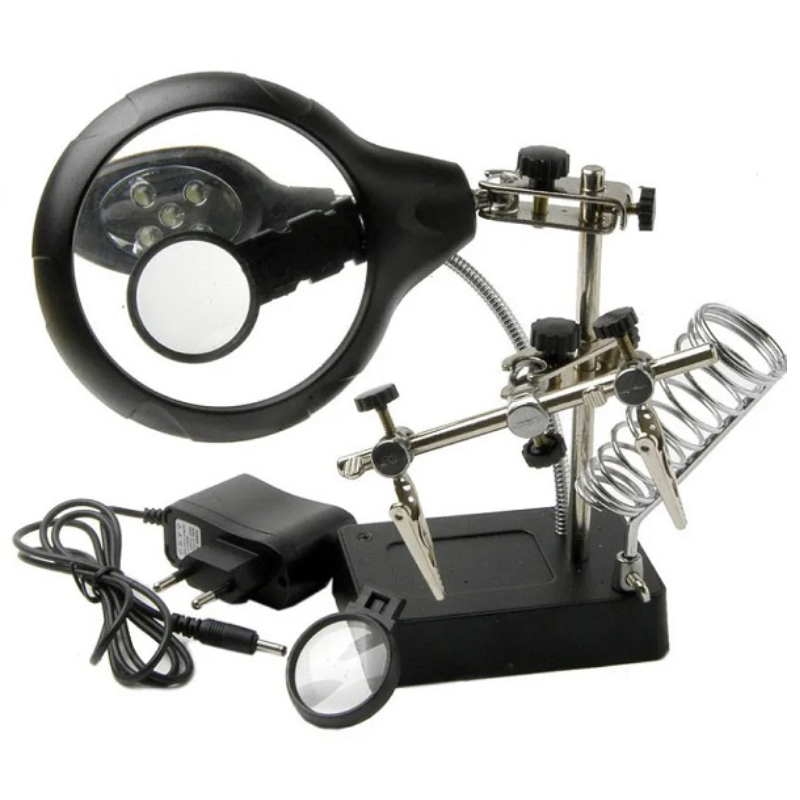 Kính lúp kẹp soi hàn mạch điện tử có đèn LED và gác mỏ hàn