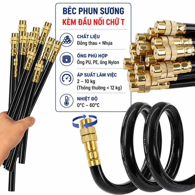 Béc phun sương dài 30cm uốn cong bằng đồng, béc điều chỉnh lưu lượng dùng tưới cây, làm mát mái tôn