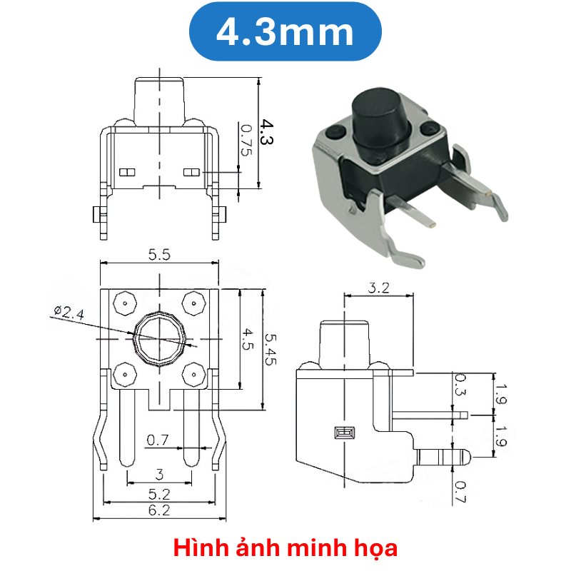 (50 Cái) Nút nhấn 6x6mm 2 chân cắm chỉnh ngang cao 4.3 - 15mm