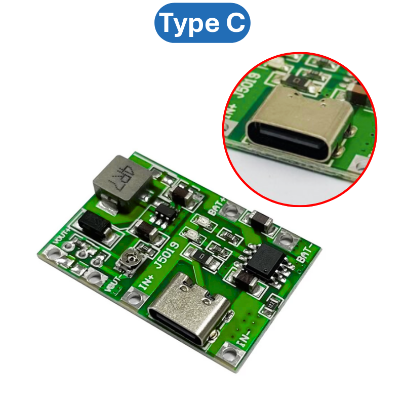Mạch sạc pin 1S 18650 J5019 dùng IC TC4056 tích hợp mạch tăng áp 2A từ 5V lên 18V