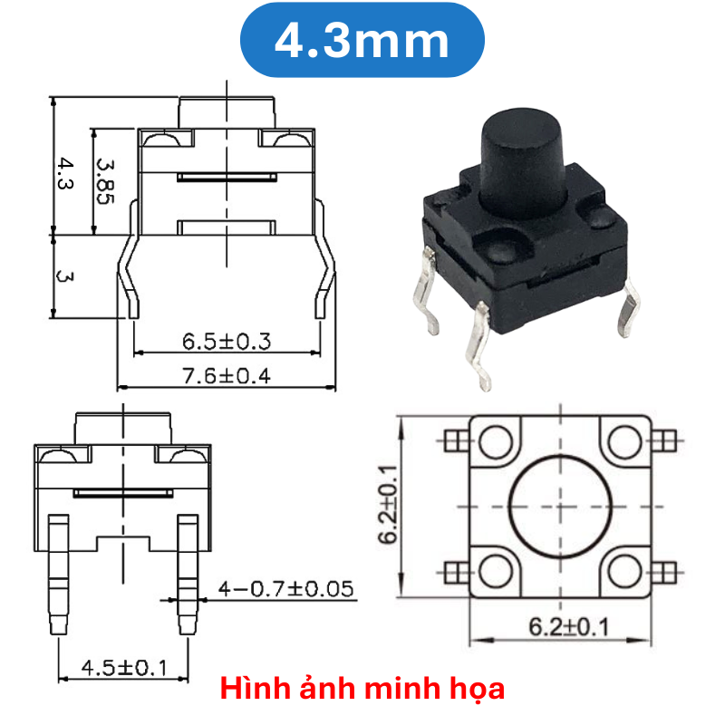 (10 cái) Nút nhấn 6x6mm chống thấm 4 chân cắm DIP cao 4.3 - 15mm