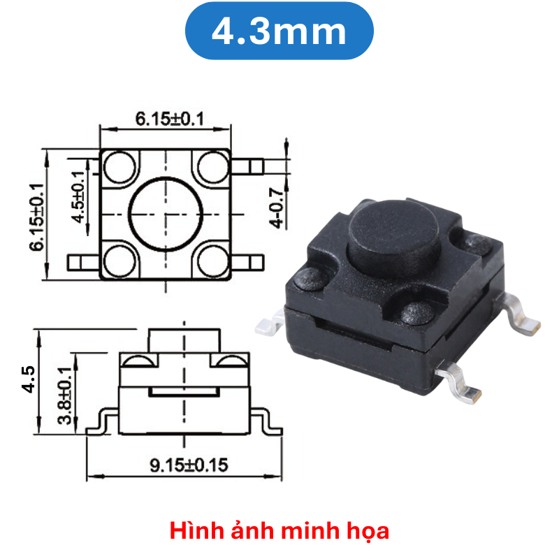(10 cái) Nút nhấn 6x6mm chống thấm 4 chân dán SMD cao 4.3 - 15mm