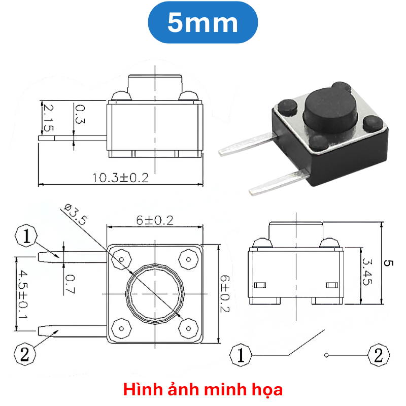 (50 Cái) Nút nhấn 6x6mm 2 chân cắm nằm ngang cao 4.3 - 8mm