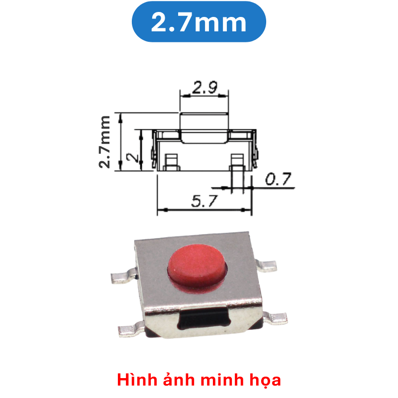 (50 Cái) Nút nhấn 6x6mm 4 chân dán đầu đỏ cao 2.5 - 3.7mm