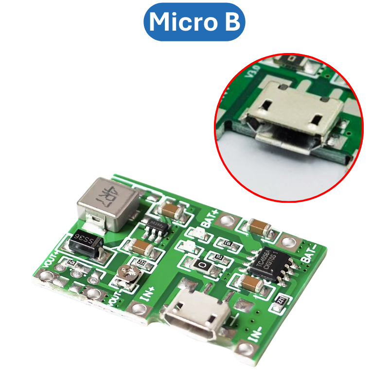 Mạch sạc pin 1S 18650 J5019 dùng IC TC4056 tích hợp mạch tăng áp 2A từ 5V lên 18V