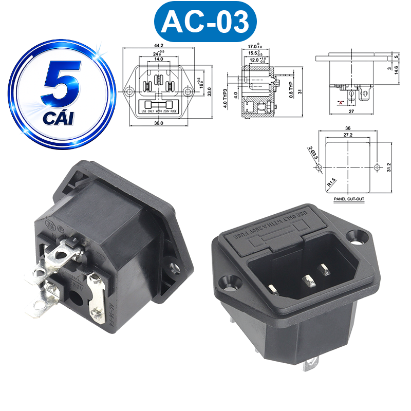 Đầu nối nguồn, jack cắm AC hàn dây chịu tải tốt cho máy móc thiết bị điện