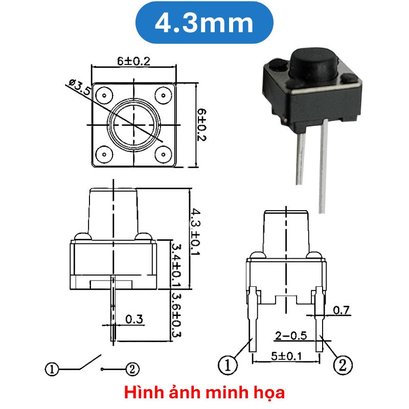 (50 Cái) Nút nhấn 6x6mm 2 chân cắm đứng cao 4.3 - 9mm