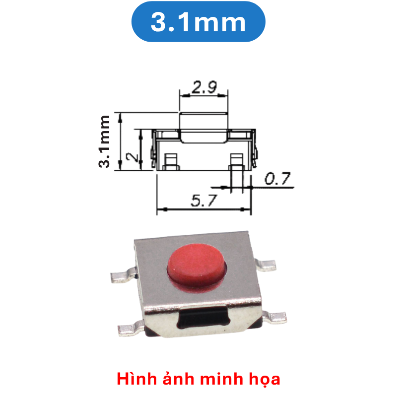 (50 Cái) Nút nhấn 6x6mm 4 chân dán đầu đỏ cao 2.5 - 3.7mm