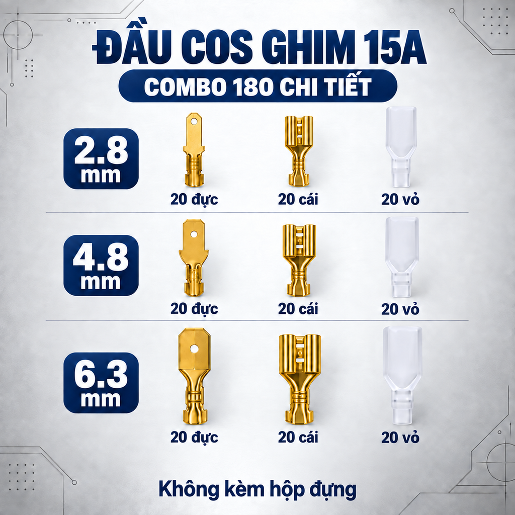 Hộp Đầu Cos ghim đực cái 15A 2.8/4.8/6.3 mạ Vàng