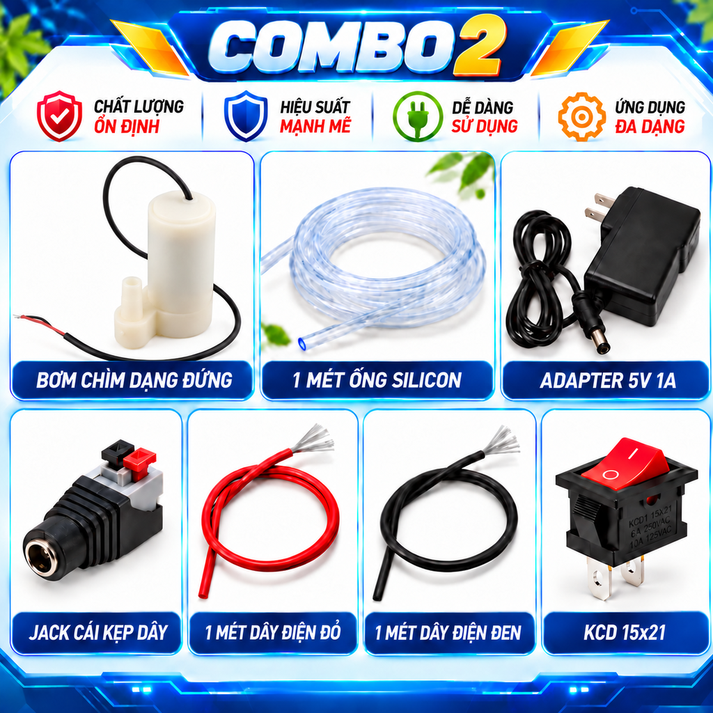 Combo Bơm Chìm Mini 5V Kèm Adapter, Ống Silicon, Công Tắc Và Dây Điện