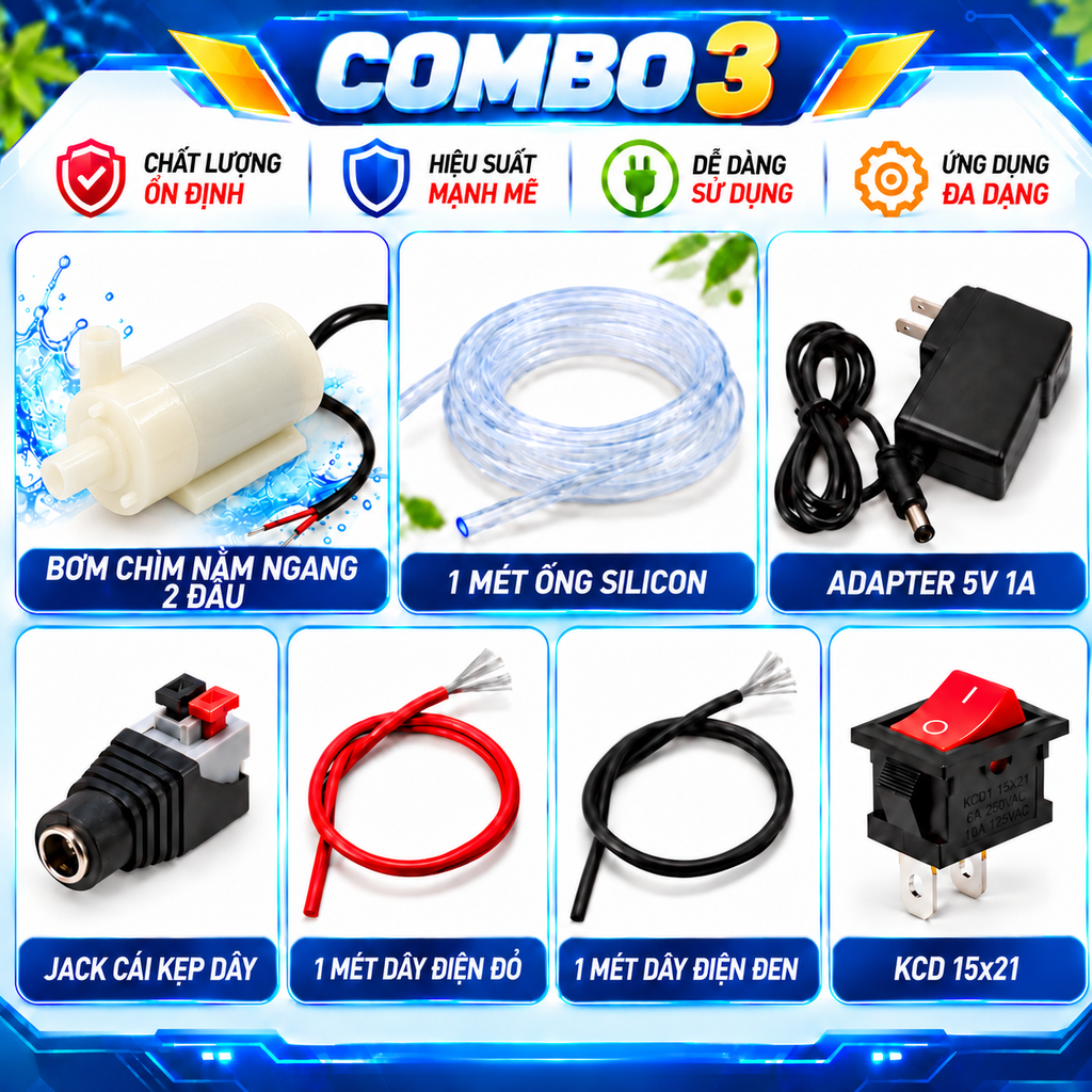 Combo Bơm Chìm Mini 5V Kèm Adapter, Ống Silicon, Công Tắc Và Dây Điện