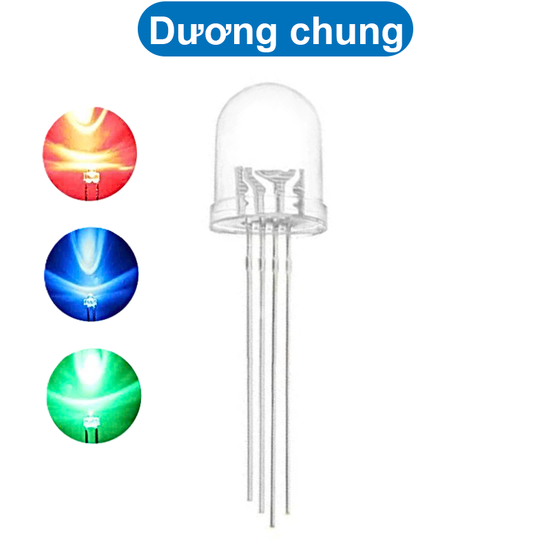 (2 Con) LED RGB 10mm trong suốt âm chung / dương chung