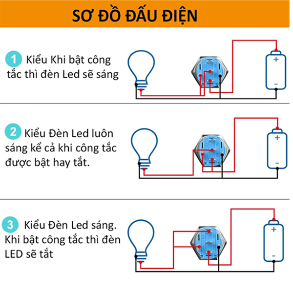Nút nhấn chống nước đầu bằng ( Nhấn Giữ - Khóa ) lỗ khoét 12mm/16mm/19mm/22mm