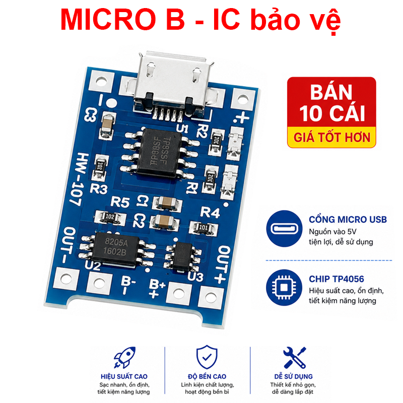 (Giá Sỉ) Mạch Sạc Pin TP4056 cổng USB micro B / Type C (Có / Không IC bảo Vệ )