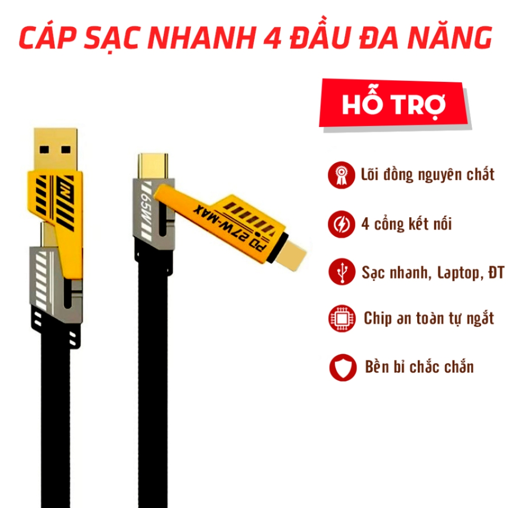 Cáp sạc nhanh 4 đầu 65W Cổng C - IP, C - C, USB - C, USB - IP đa năng 4 Trong 1 hỗ trợ sạc nhanh riện lợi