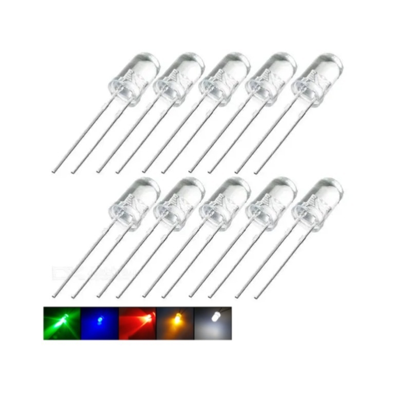 (20 Con) LED 5mm trong suốt (đỏ/trắng/vàng/xanh lá/xanh dương)