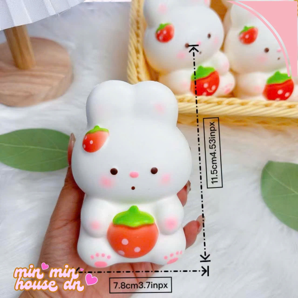 Squishy Chú Thỏ Trắng Dễ Thương Ôm Quả Dâu Slow Siêu Mềm HT
