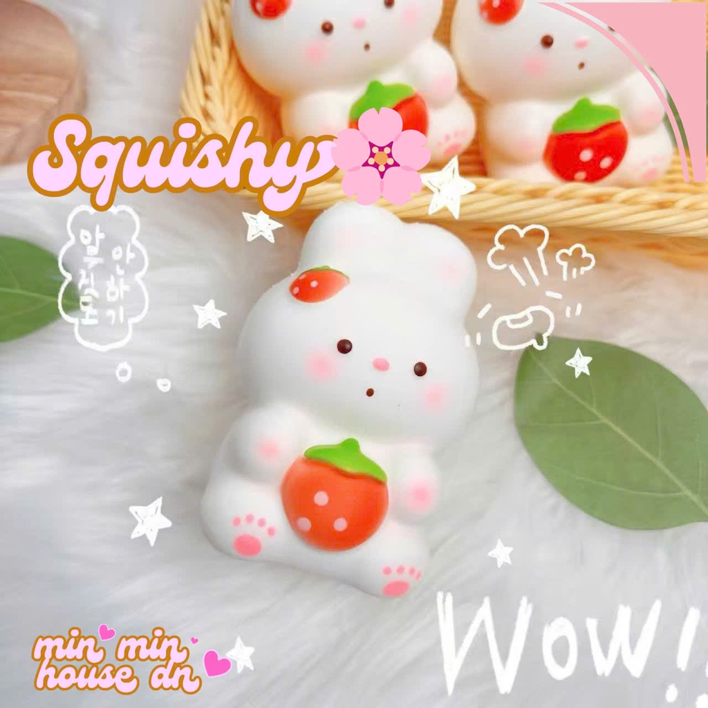 Squishy Chú Thỏ Trắng Dễ Thương Ôm Quả Dâu Slow Siêu Mềm HT