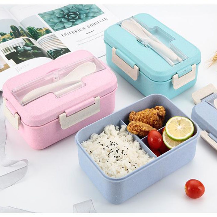 Hộp cơm văn phòng 3 ngăn kèm đũa thìa inox tiện dụng, hộp cơm giữ nhiệt