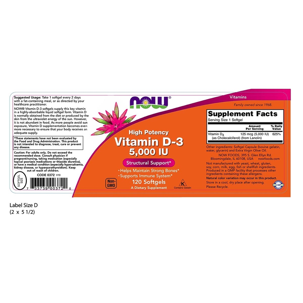 Viên uống Vitamin D3 5000 IU của NOW (120 viên)