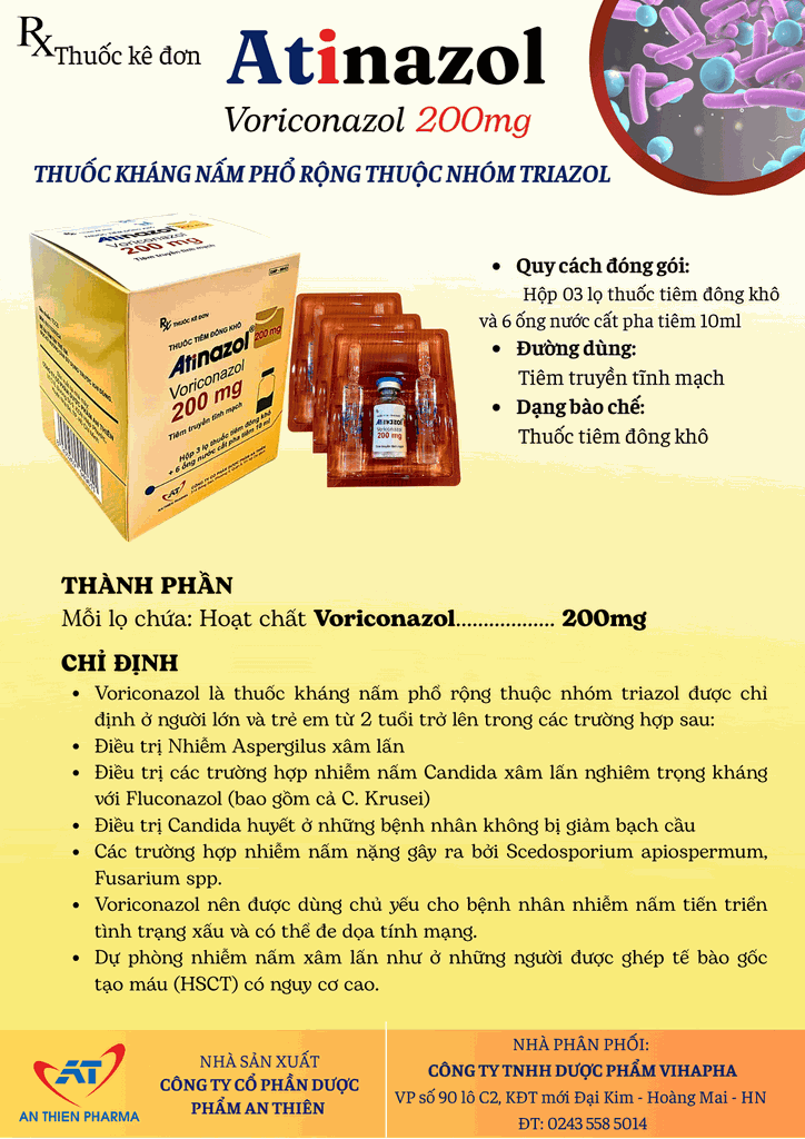 Atinazol - Voriconazol 200 Thuốc tiêm kháng nấm phổ rộng