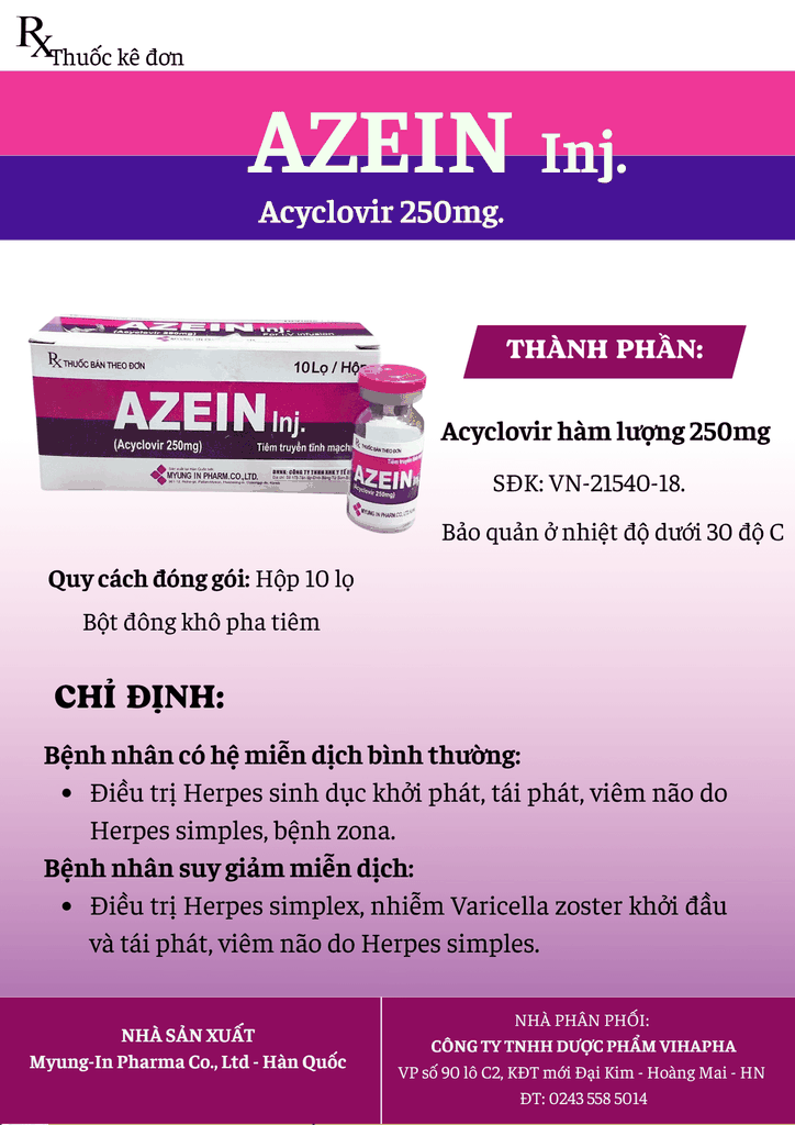 Azein Inj - Acyclovir 250mg Thuốc tiêm truyền kháng virus