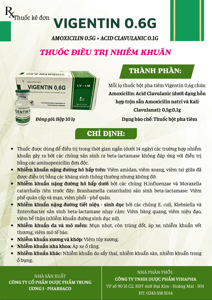 Thuốc tiêm Vigentin 0.6g: Amoxicilin + Acid Clavulanic điều trị nhiễm khuẩn