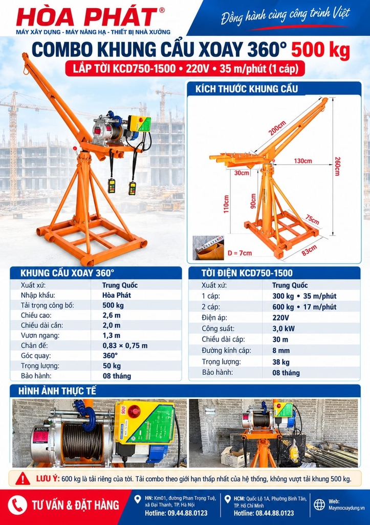 Combo khung cẩu xoay 360 độ 500kg lắp tời KCD750-1500 35 mét/phút