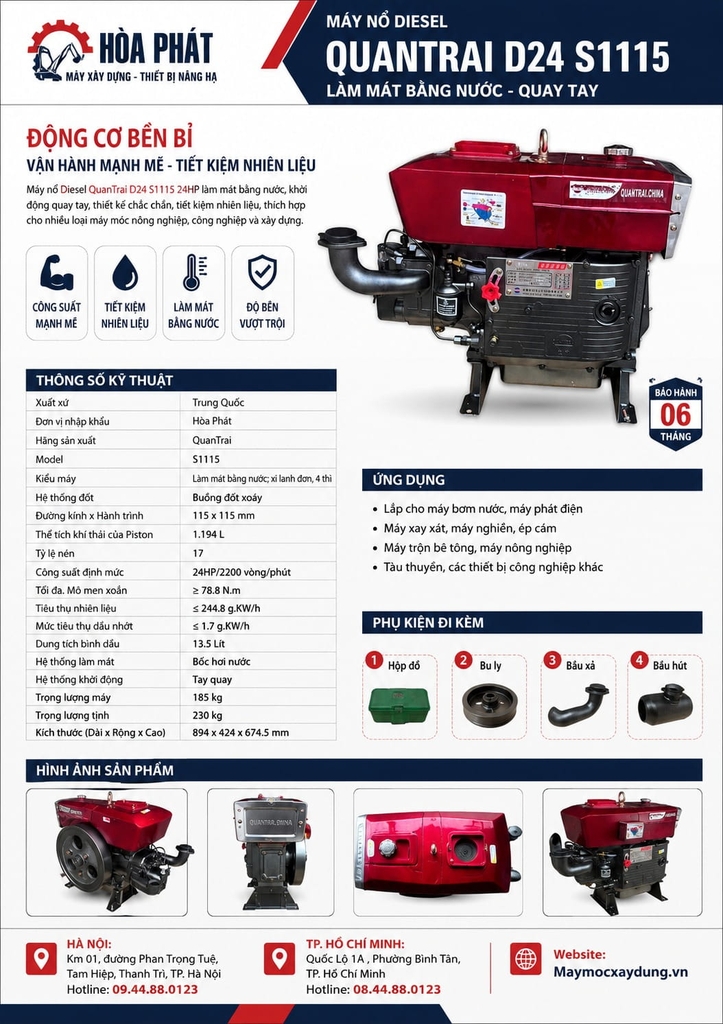 Đầu nổ Diesel QuanTrai D24 S1115 nước