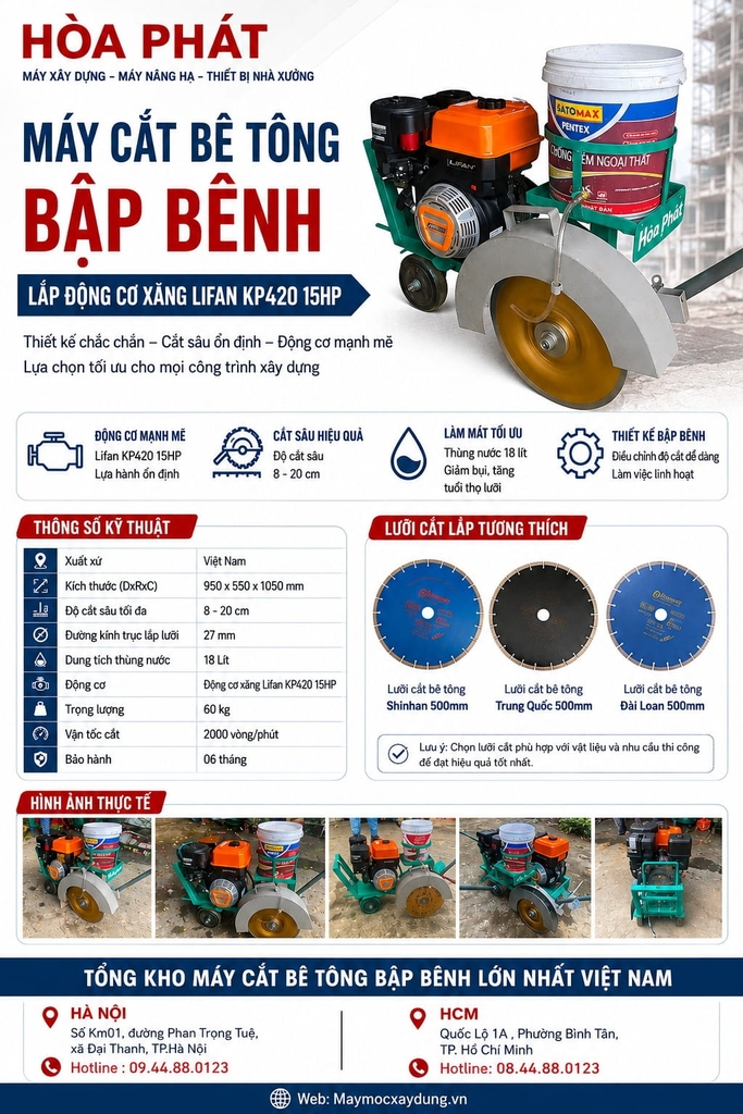 Máy cắt bê tông bập bênh lắp động cơ xăng Lifan KP420 15HP