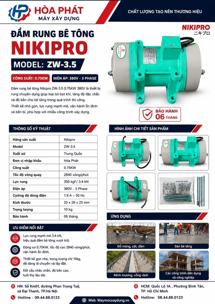 Đầm rung bê tông Nikipro 0.75KW ZW3.5 380V