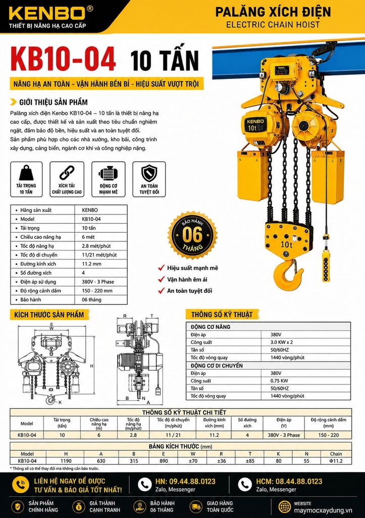 Pa lăng xích điện di chuyển Kenbo 10 tấn 6m KB10-04 380V
