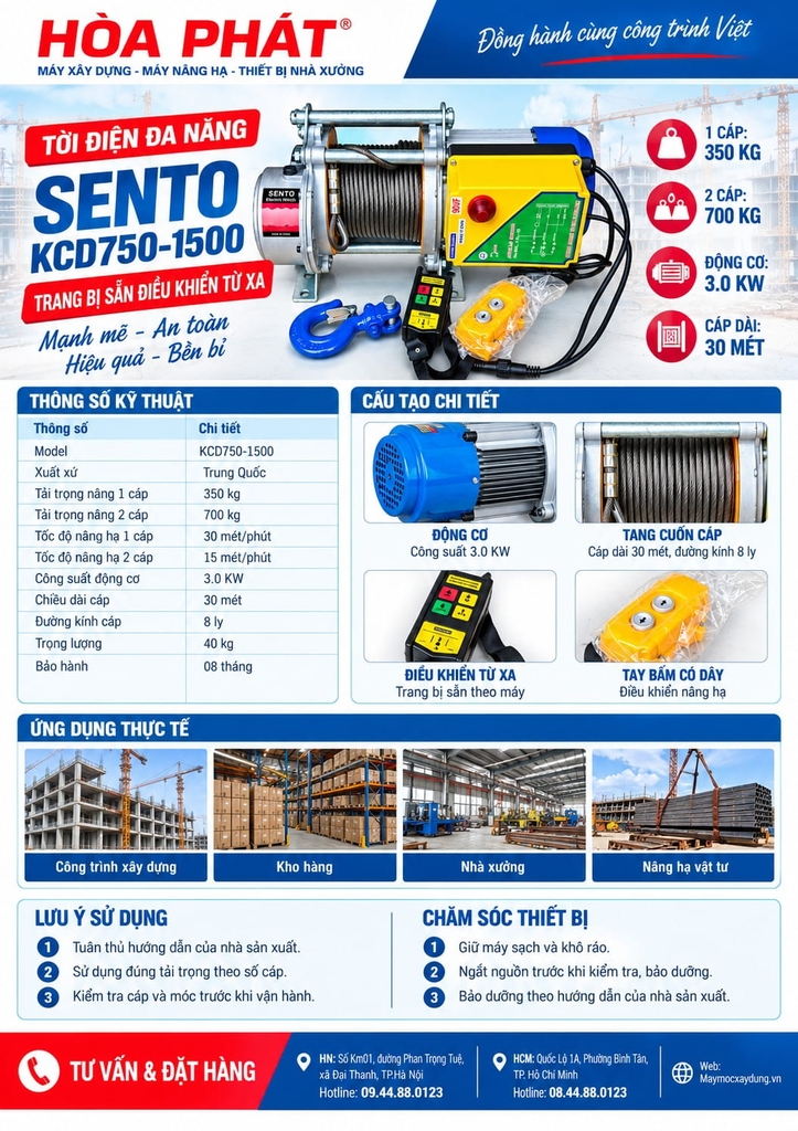 Tời điện đa năng Sento KCD750-1500 220V 30m 35 mét/phút ĐKTX