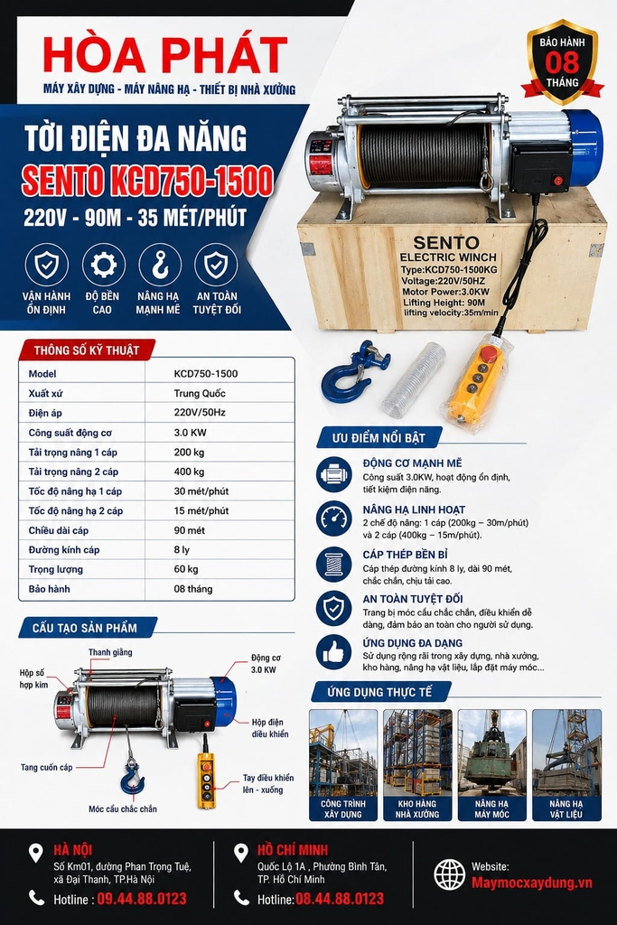 Tời điện đa năng Sento KCD750-1500 220V 90m 35 mét/phút