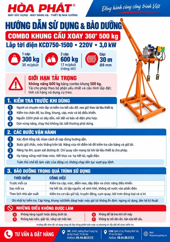 Combo khung cẩu xoay 360 độ 500kg lắp tời KCD750-1500 35 mét/phút